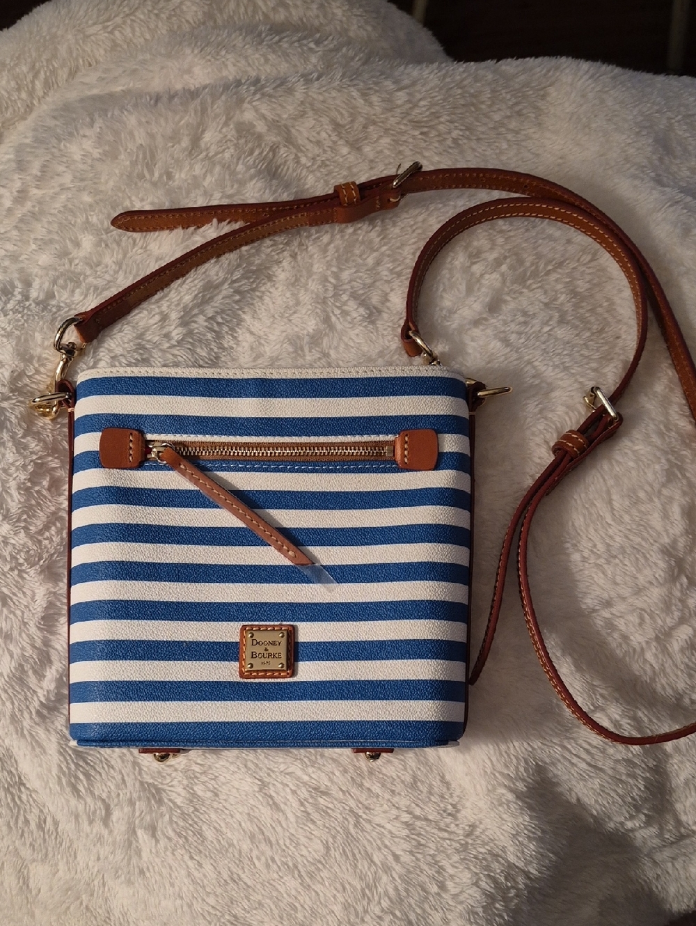 Dooney & Bourke Blue and White Striped Crossbody with Tan Trim